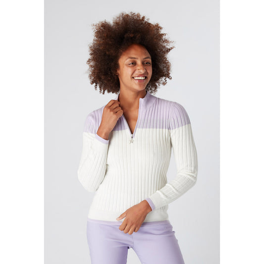 Swing Out Sister Ladies Colour Block Zip-Neck Sweater in Digital Lavender