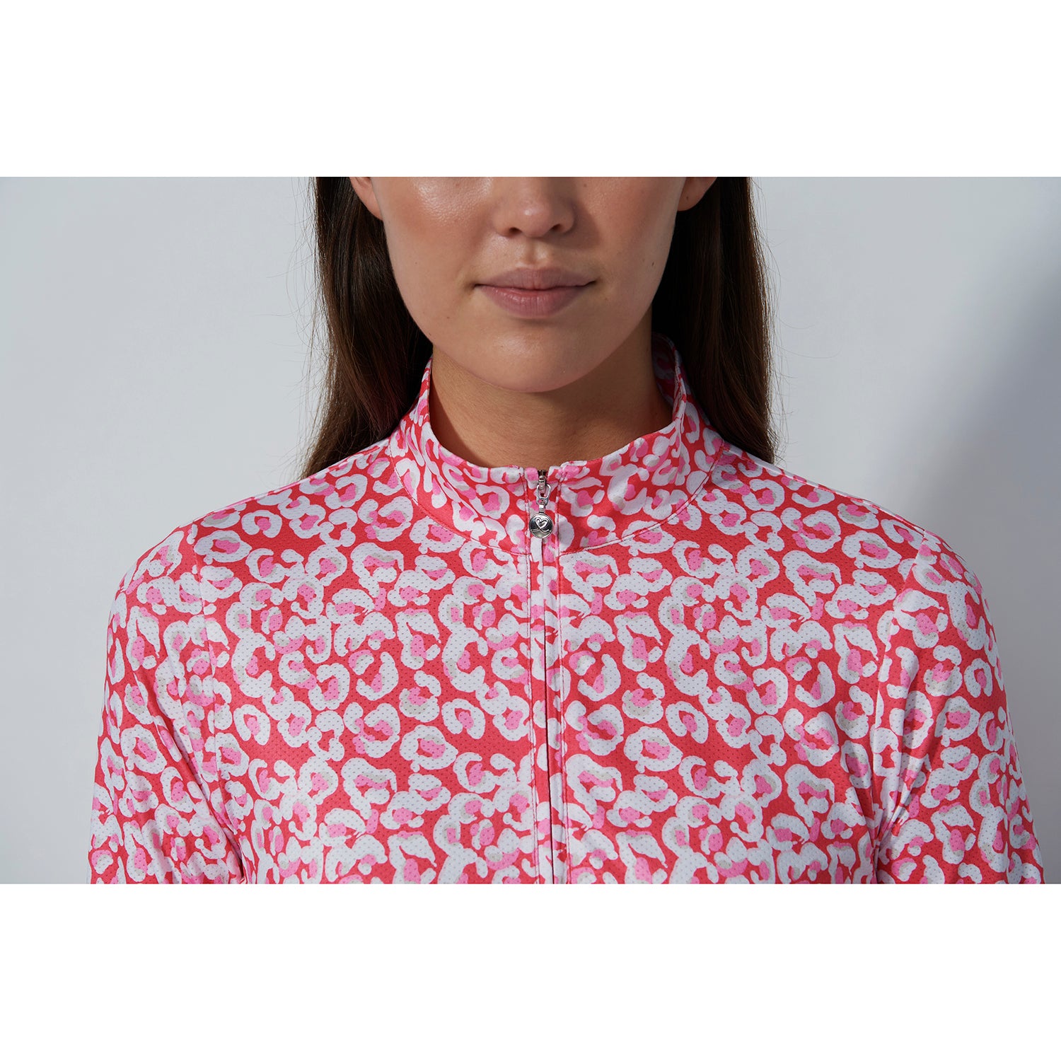 Daily Sports Ladies Long Sleeve Half Zip Top in Coral Leopard Print 