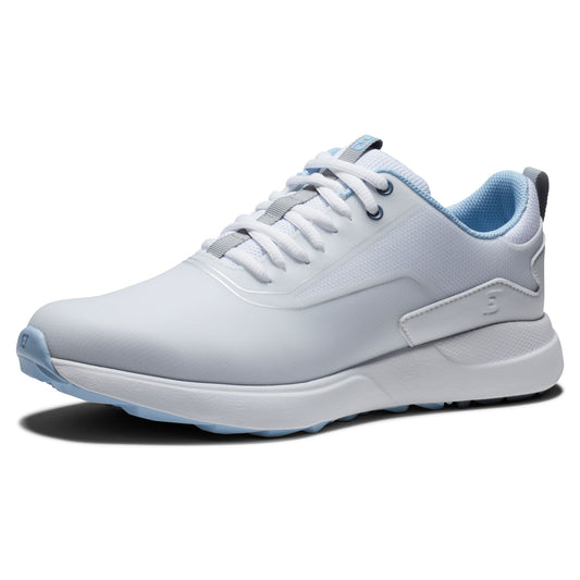 FootJoy Ladies Wide Fit Waterproof Performa Spikeless Golf Shoes in White & Blue