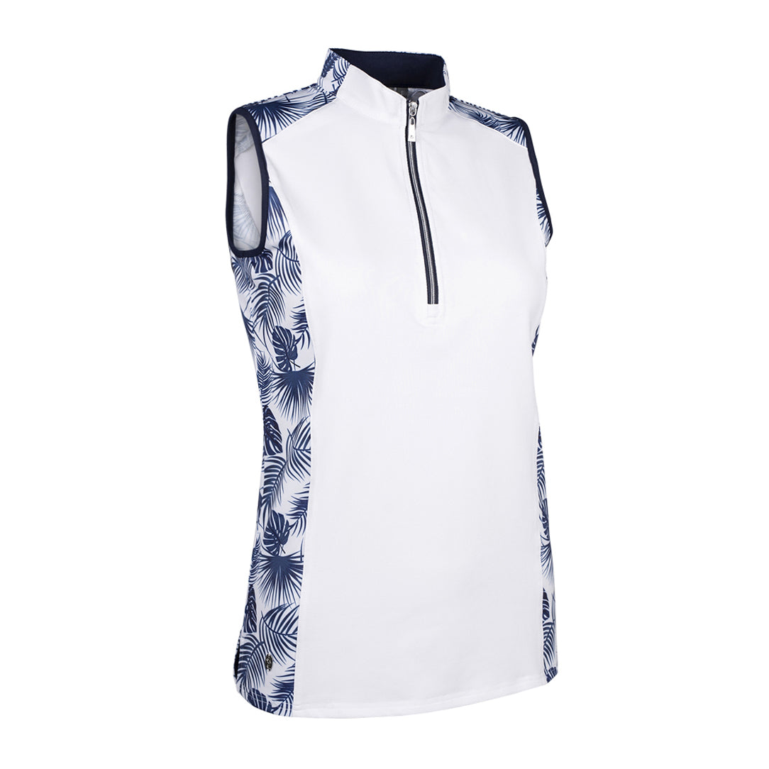 Glenmuir Ladies Sleeveless Polo with Contrast Tropical Print Panels in White & Navy Blue