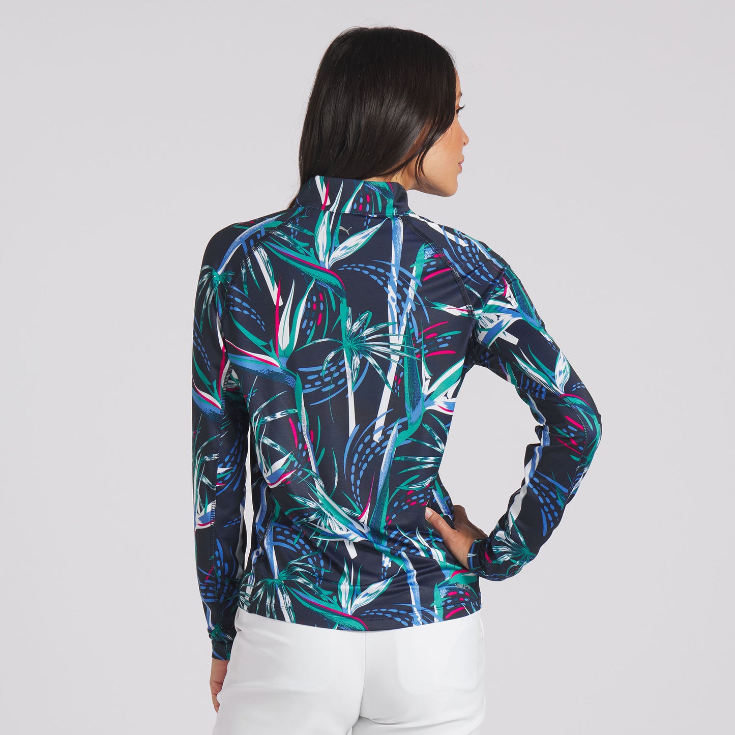 Puma Women's YOU-V Top with UPF 50+ in Deep-Navy Paradise Print