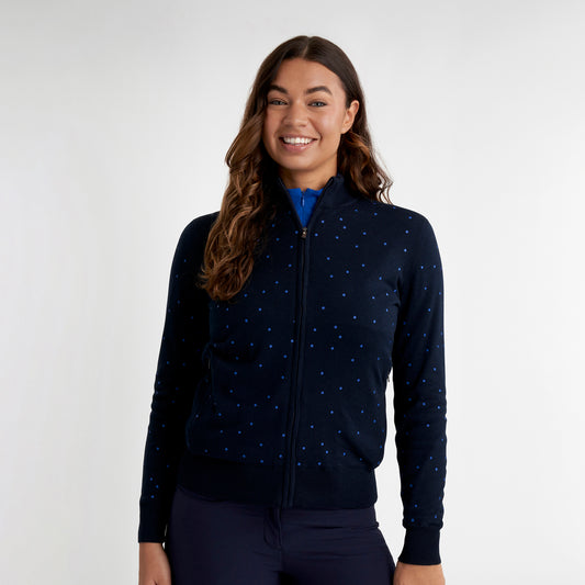 Green Lamb Ladies Full-Zip Lined Cashmere Blend Cardigan in Navy Polka Dot
