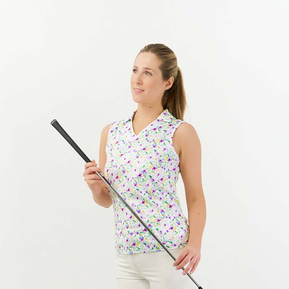Pure Golf Open V-Neck Sleeveless Polo in Ethereal Bouquet Print