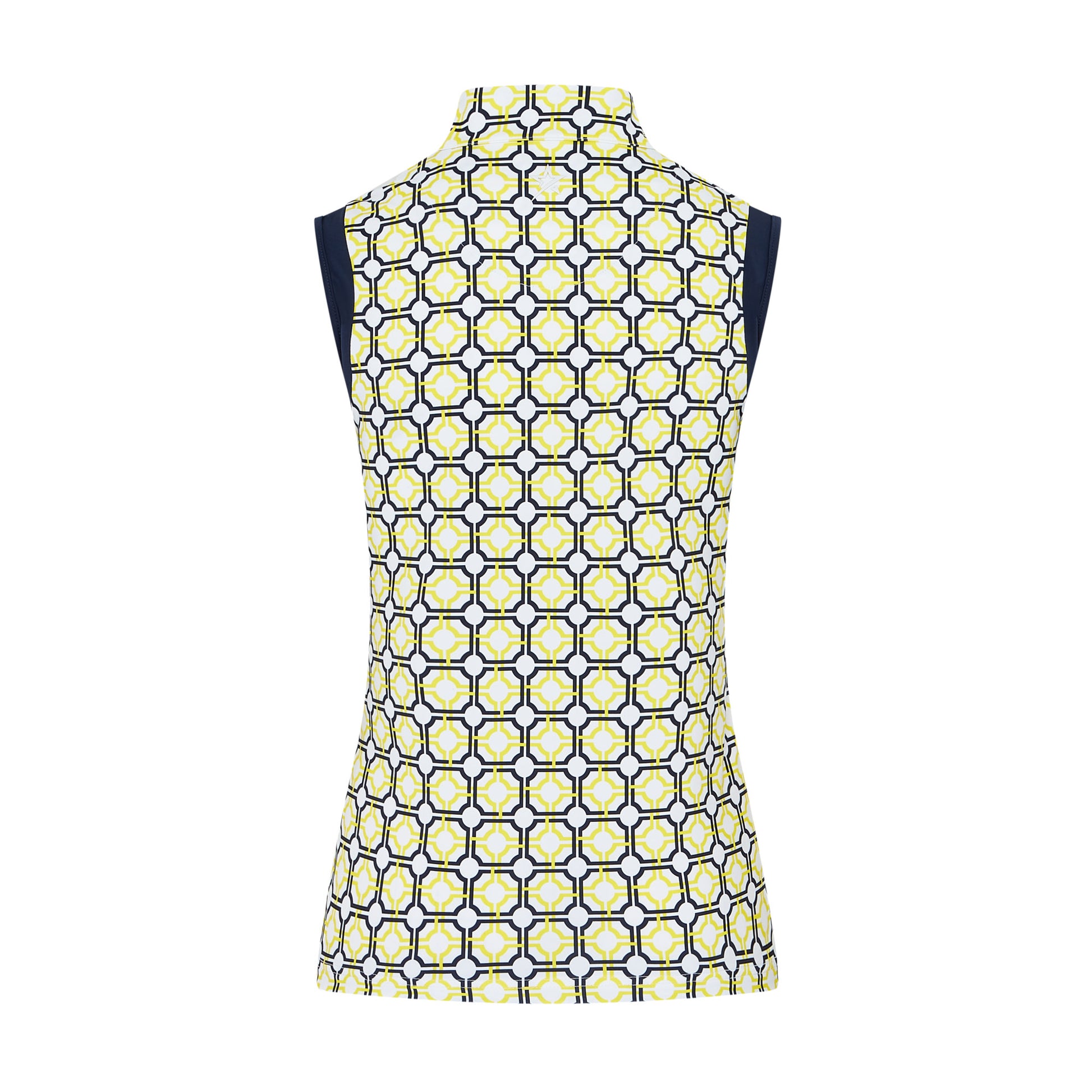 Swing Out Sister Women's Sleeveless Zip-Neck Polo in Sunshine and Navy Mosaic Pattern