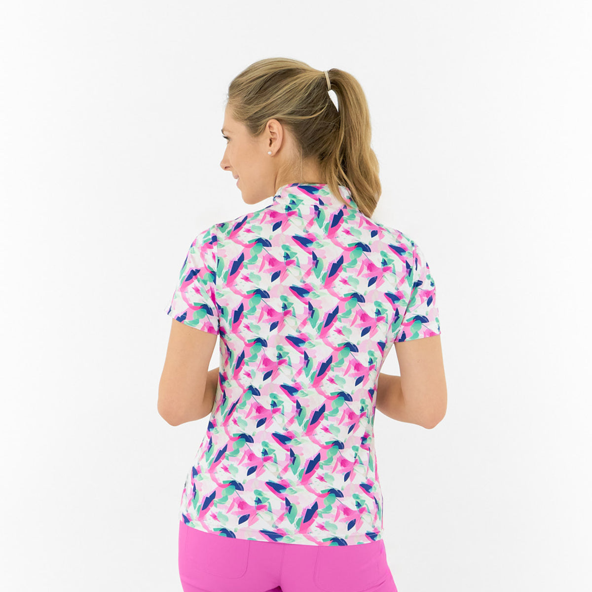 Pure Ladies Short Sleeve Polo in Abstract Tropical Nature Print