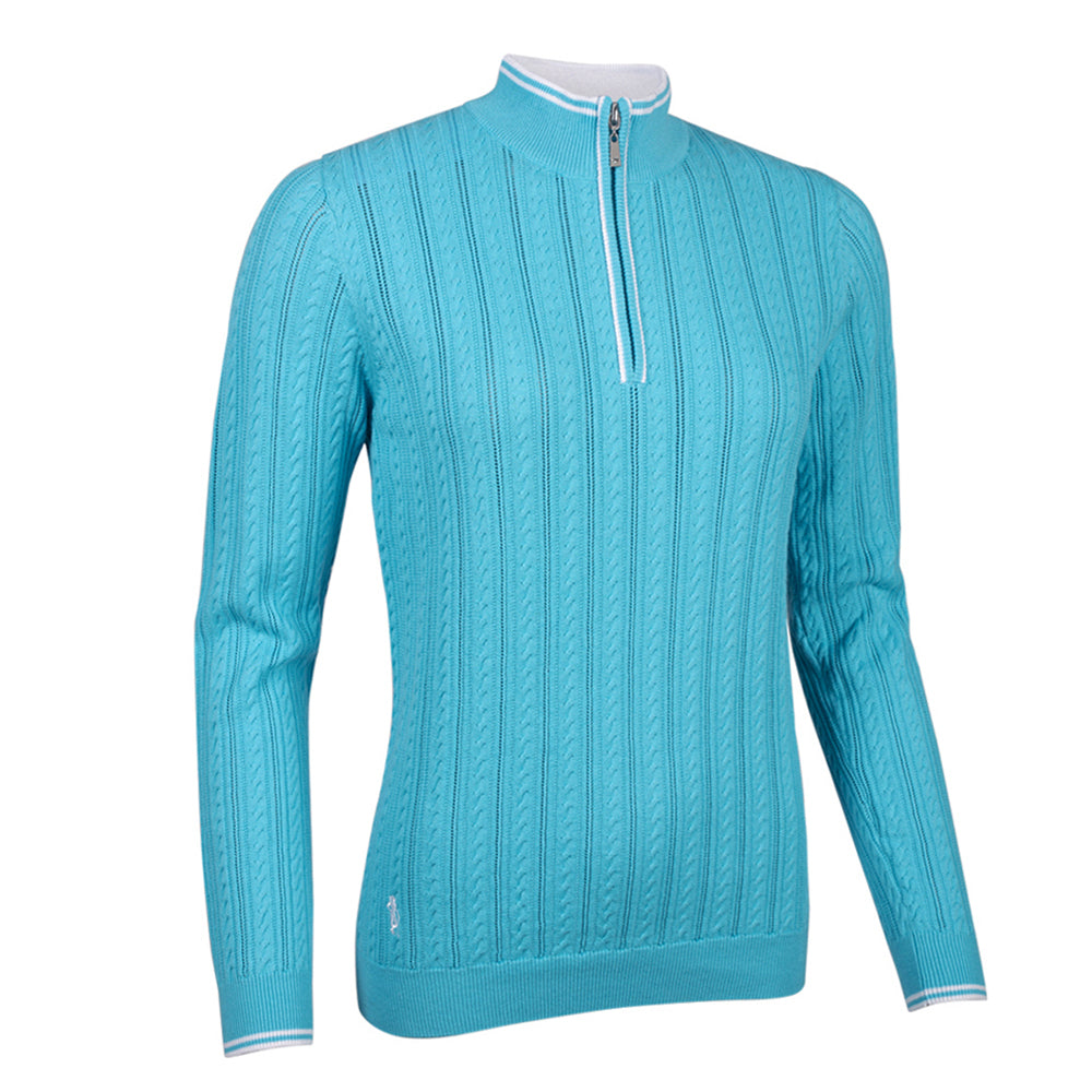 Glenmuir Ladies Cable Knit Sweater in Aqua & White