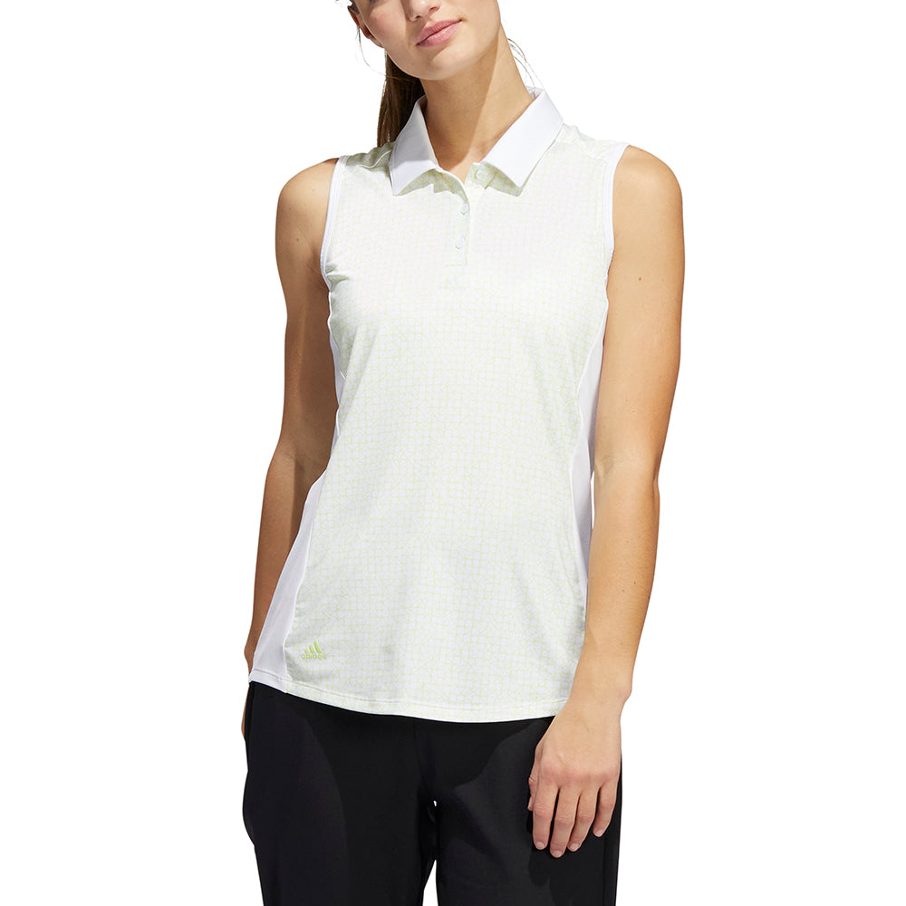 adidas Ladies Sleeveless Golf Polo in White & Lime Print