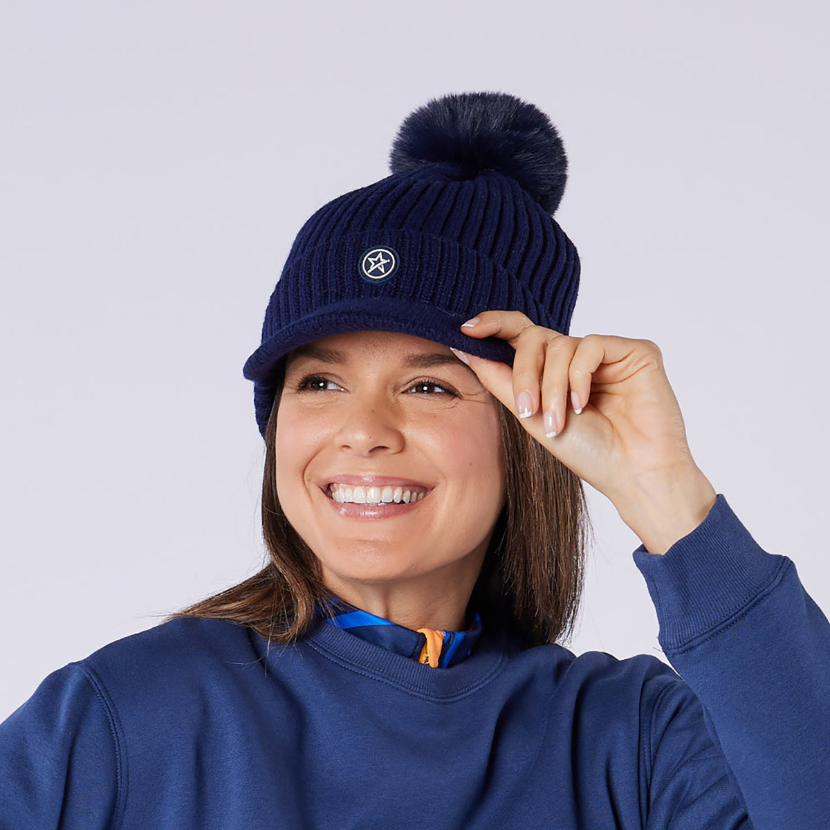Swing Out Sister Fully Lined Bobble Hat with Peak in Navy