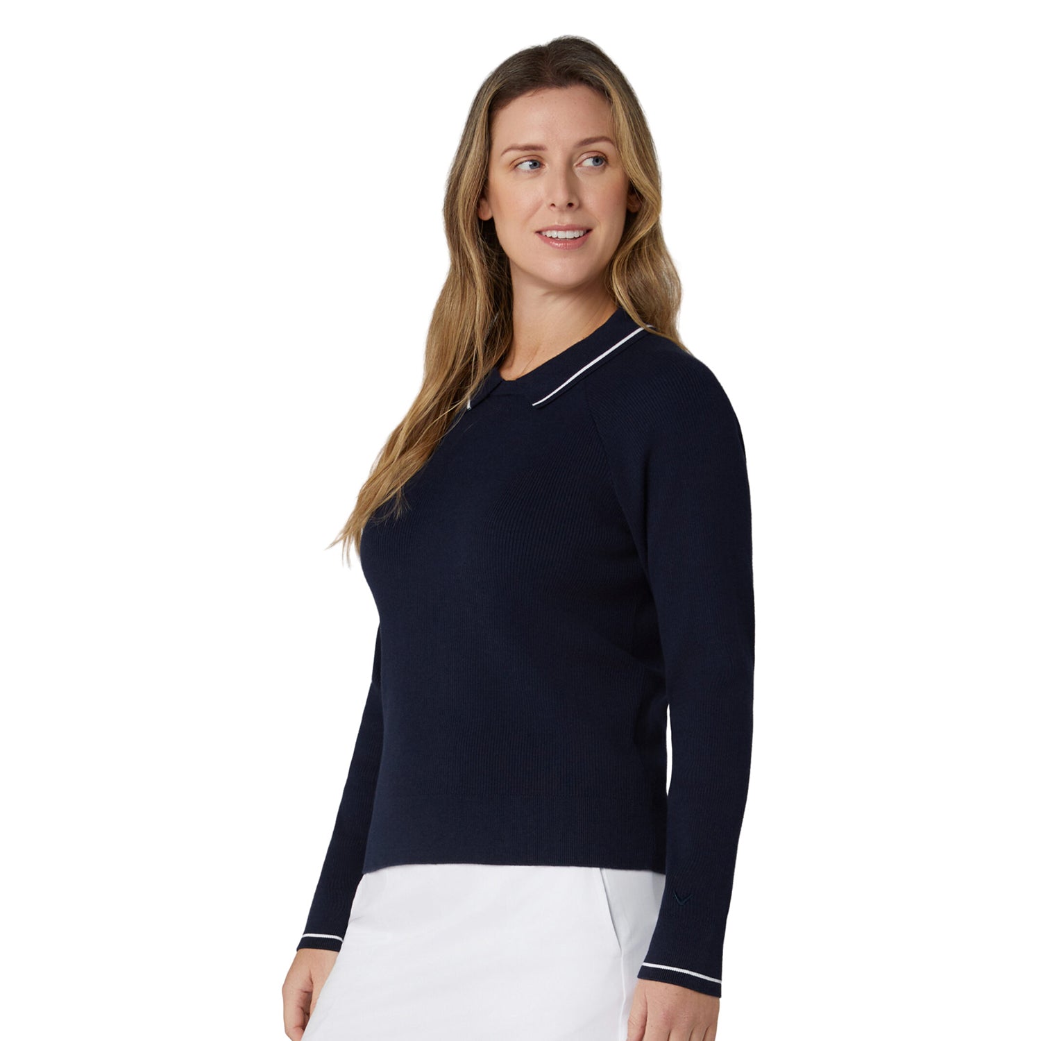 Callaway Ladies Smart Ribbed Sweater in Navy with Attached Collar For A Standout Look