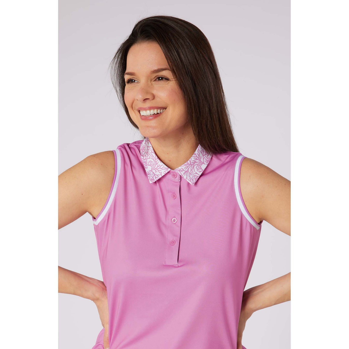 Swing Out Sister Ladies Sleeveless Polo with Subtle Print Accents for Effortless Everyday Style