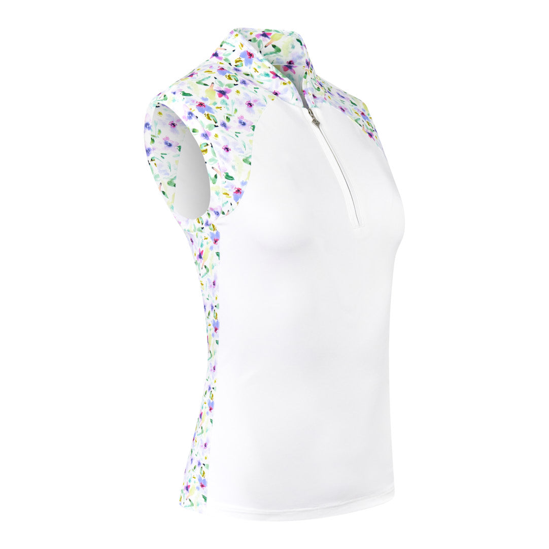 Pure Golf Sleeveless Polo with Ethereal Bouquet Print Panels & Zip Neck