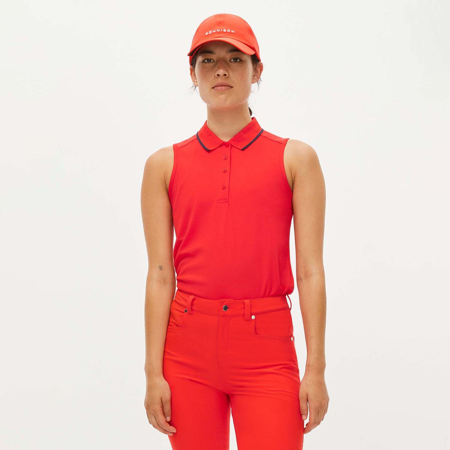 Rohnisch Ladies Sleeveless Polo with Contrast Trim in Flame Scarlet