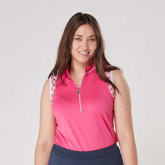 Swing Out Sister Ladies Sleeveless Polo in Lush Pink and Mandarin with Zip-Neck