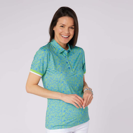Swing Out Sister Ladies Ultra-Soft Short Sleeve Polo with Head Turning Print for All Day Style & Comfort