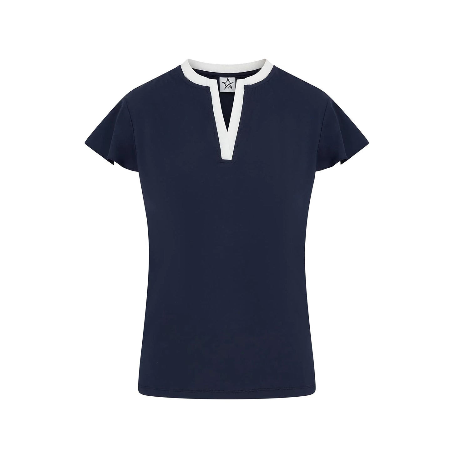 Swing Out Sister Ladies Navy V-Neck Polo with Fabulous Floaty Sleeves for a Feminine Edge