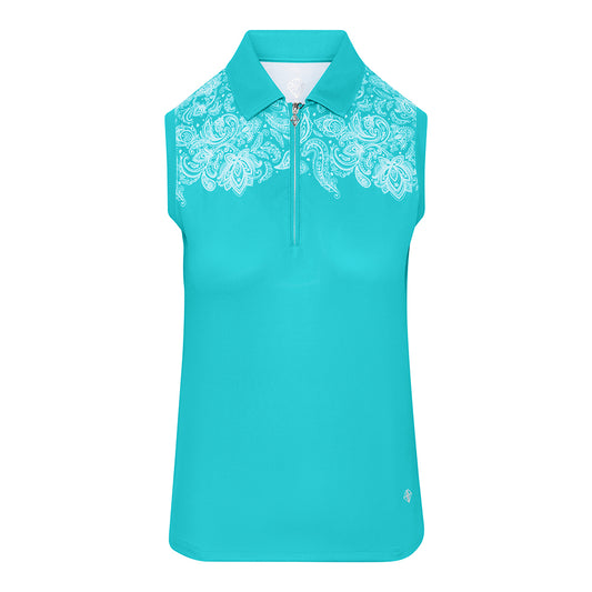 Pure Golf Ladies Sleeveless Zip-Neck Polo in Ocean Blue & Paisley Print