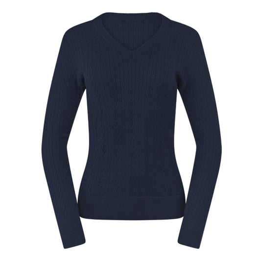 Pure Ladies Cable Knit V-Neck Golf Sweater in Navy