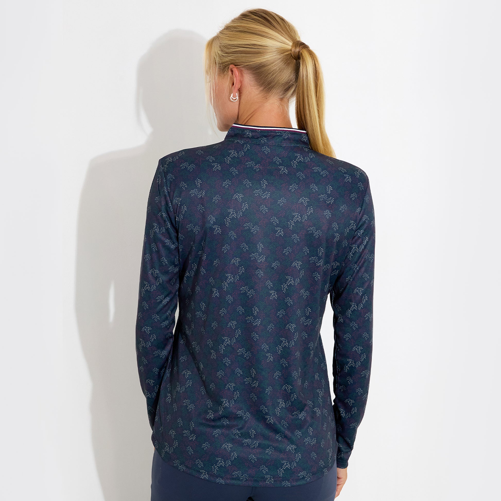Abacus Ladies Zip-Neck Top with Delicate Leaf Print for Effortless Style & Comfort with Every Swing