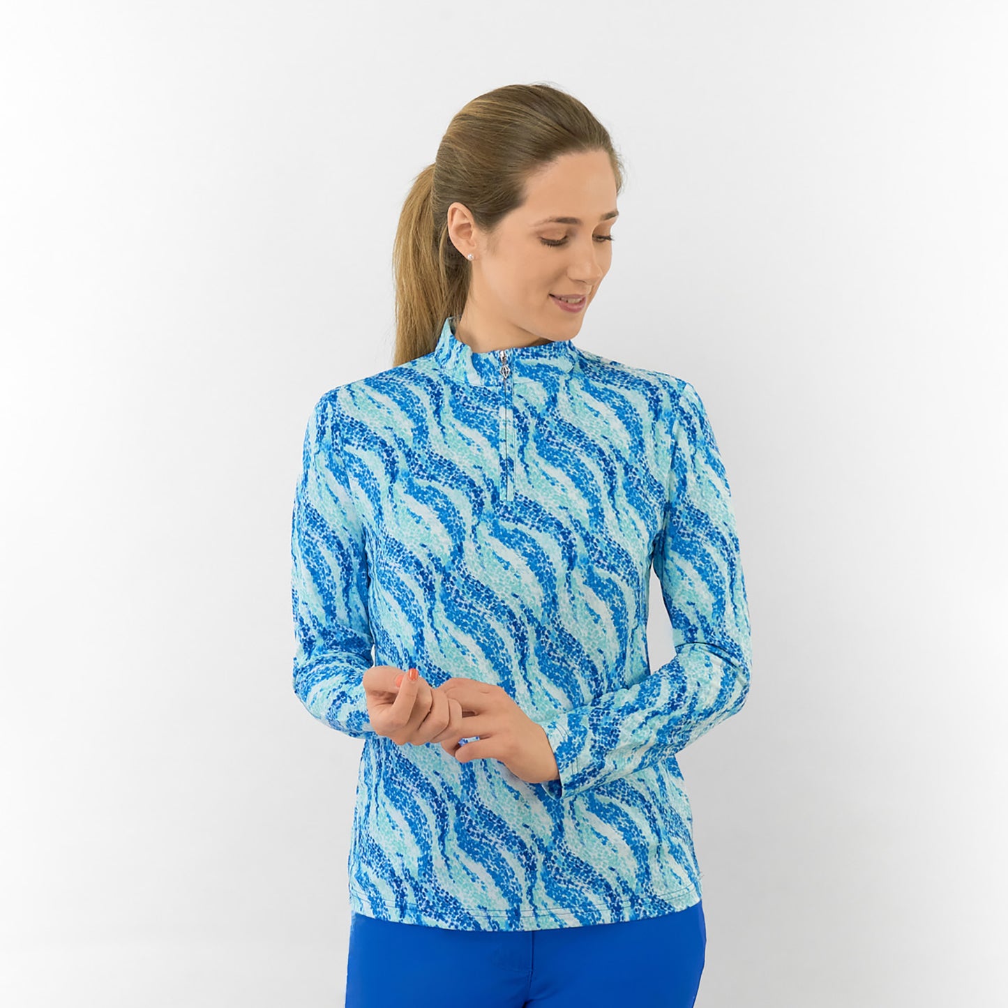 Pure Ladies Long Sleeve Top in Flowing Wave Print for Playful Style & All-Day Comfort