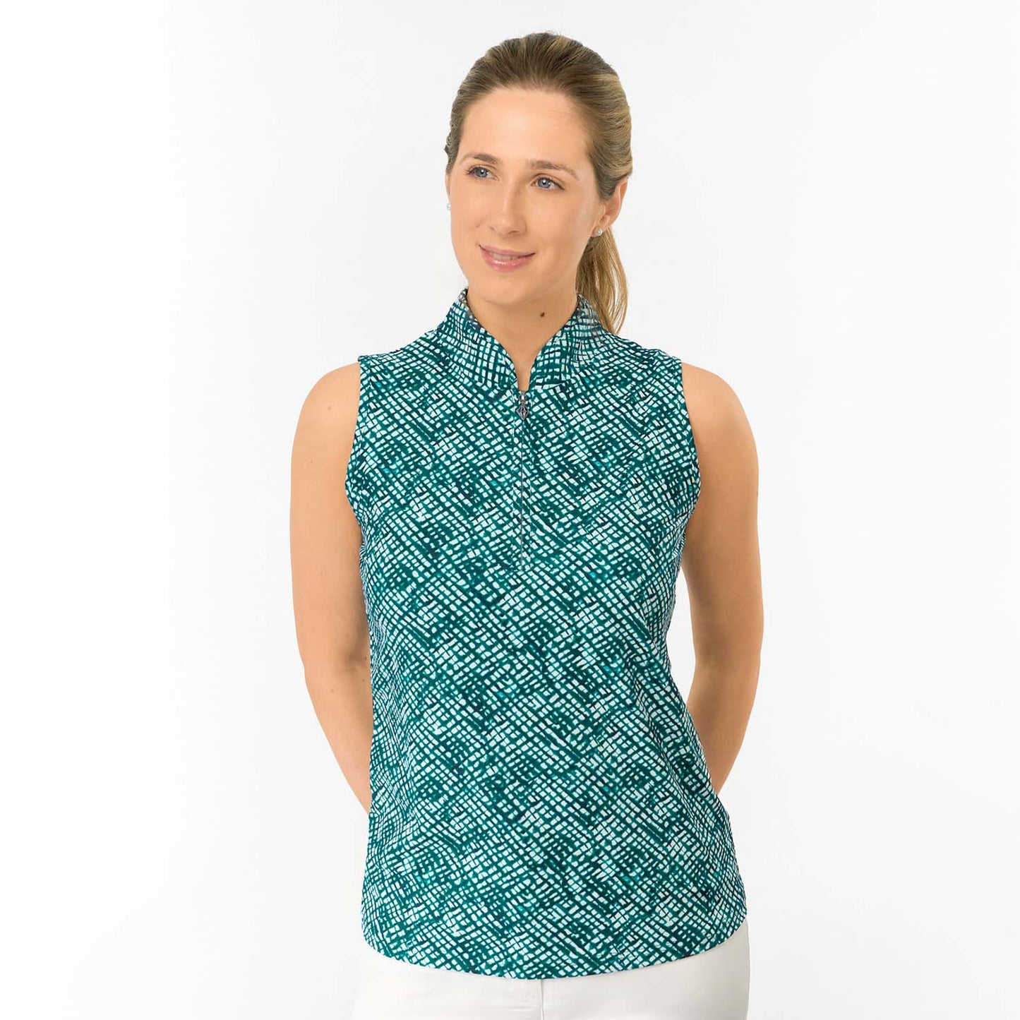 Pure Golf Ladies Sleeveless Polo with Lattice Print for Fresh Fairway Appeal