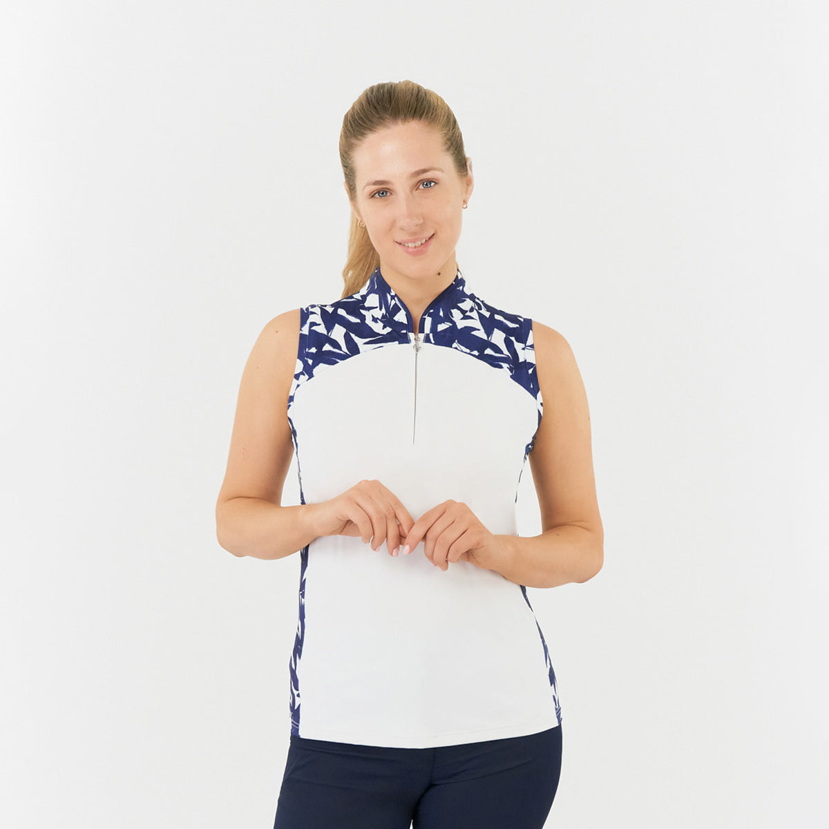  Pure Golf Ladies Sleeveless Polo with Navy Botanical Print