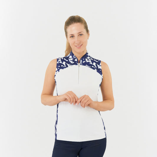  Pure Golf Ladies Sleeveless Polo with Navy Botanical Print