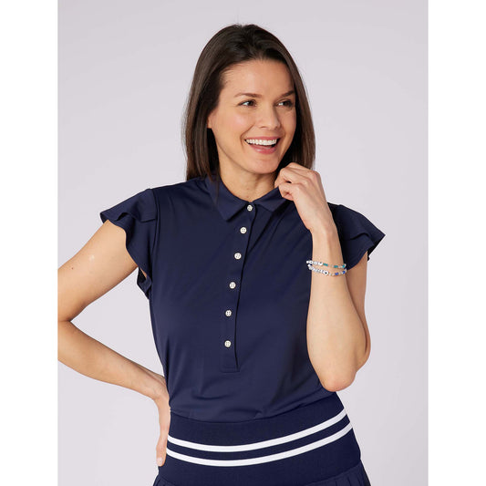 Swing Out Sister Ladies Fluted Sleeve Navy Polo for Elegant Flair On & Off The Course