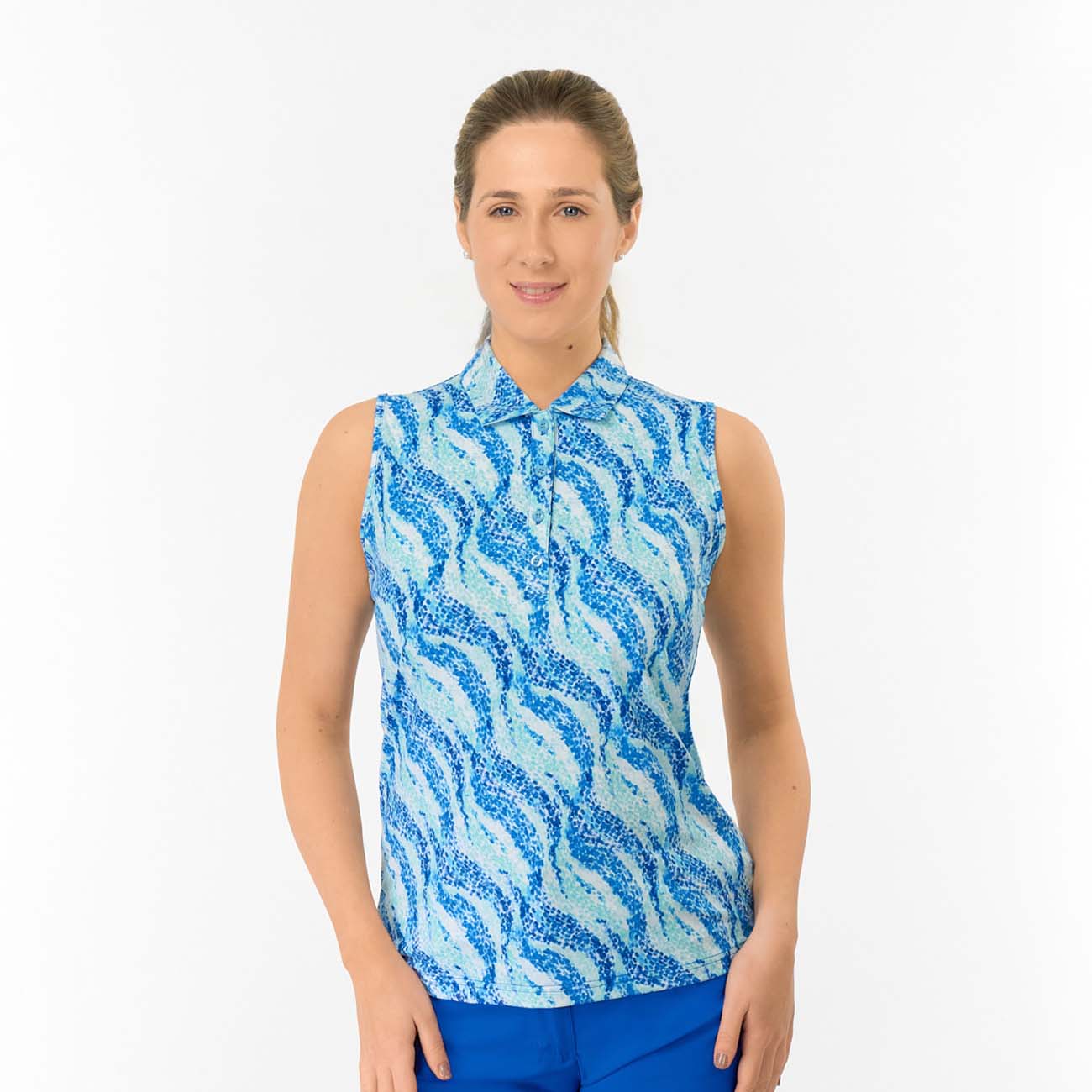 Pure Ladies Sleeveless Buttoned Polo in Flowing Wave Print for Playful Style & All-Day Comfort 