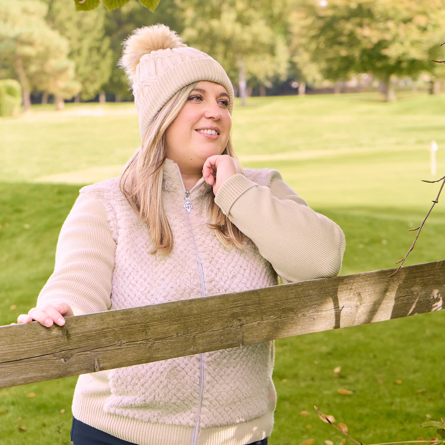 Pure Golf Ladies Faux Fur Full Zip Cardigan with Stretch Sleeves