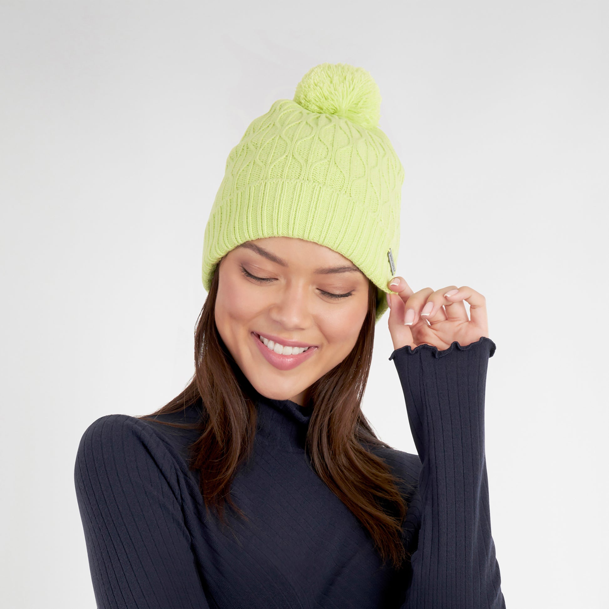 Green Lamb Ladies Fleece Lined Cable Knit Bobble Hat