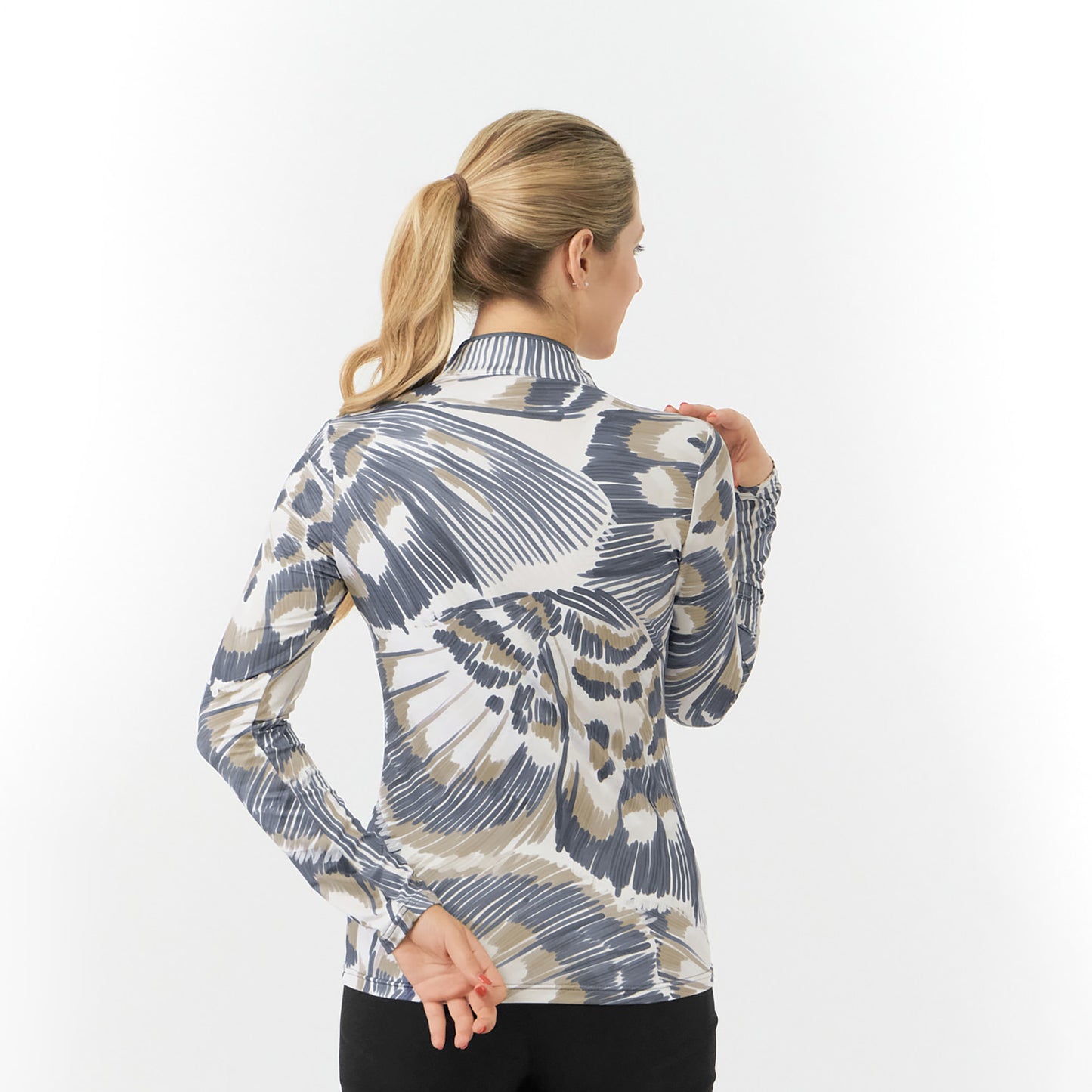 Pure Ladies Long Sleeve Butterfly Print Brushed Back Zip Golf Top 