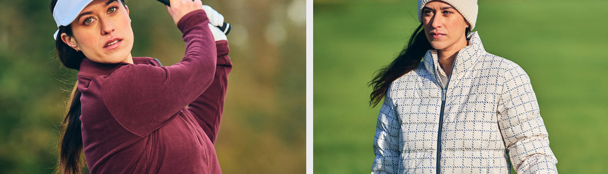 Two images of female golfers no the golf course wearing the Port micro fleece jacket and padded check jacket from the FootJoy autumn winter 2026 collection