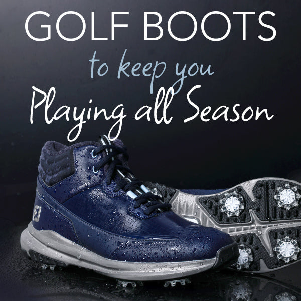 Image of FootJoy navy weatherproof ladies golf boots. with text overlaid "golf boots to keep you playing all season"