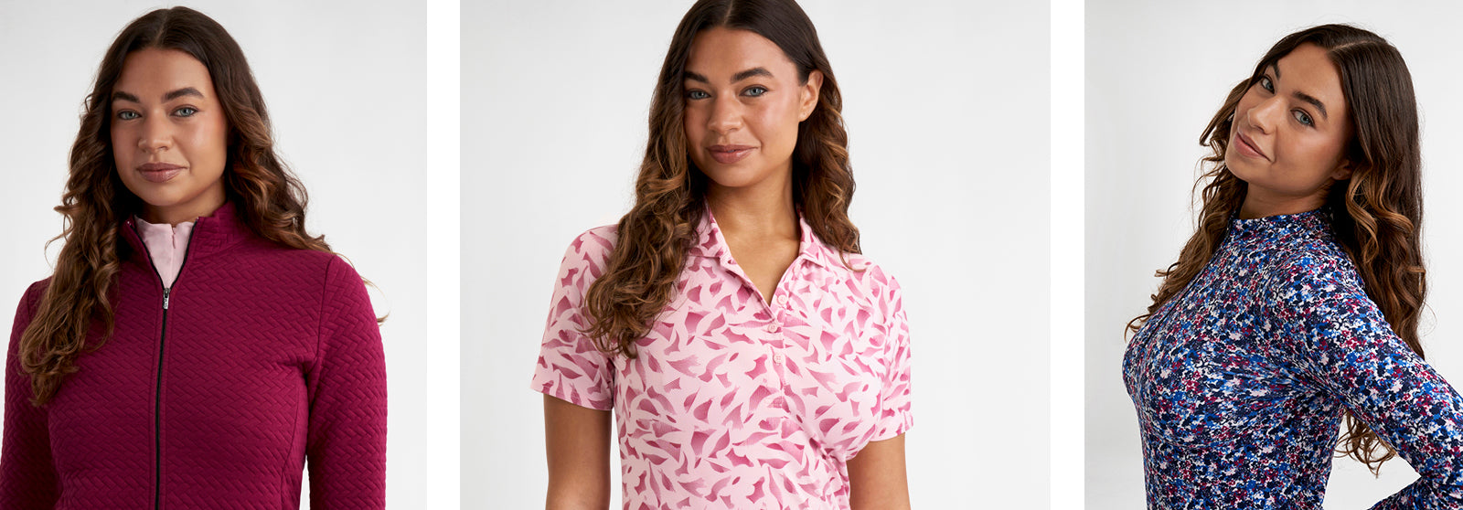 Green Lamb golf models wearing the burgundy, textured jacket, print burgundy and pink short sleeve polo and multi print long sleeve zip neck top.