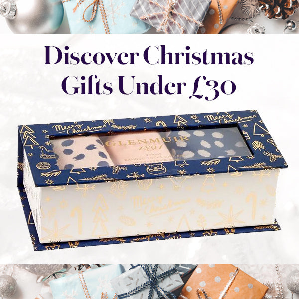 Christmas graphic with 3 Glenmuir ladies socks in a Christmas Gift Box and the text Discover Christmas Gifts Under £30