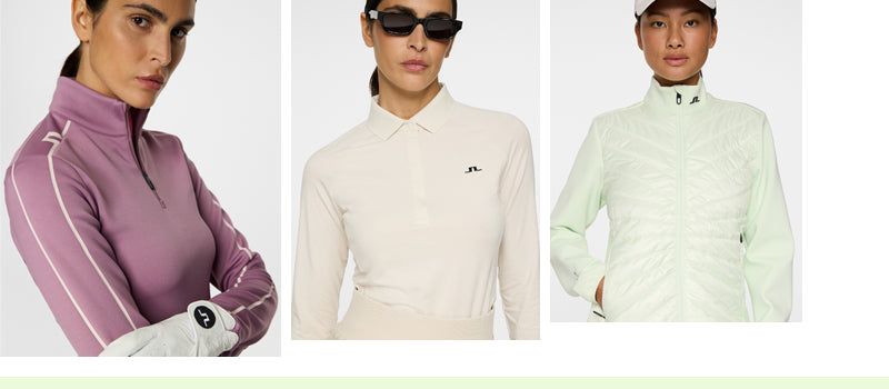 Three women wearing J.Lindeberg women's golf clothes: A light lime hybrid jacket, a sand coloured super soft long sleeve polo shirt and a dusky pink mid layer zip neck. All available at GolfGarb.