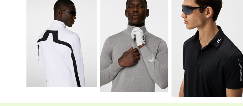 Three men wearing J.Lindeberg men's golf clothes: A black polo shirt with logo, a mid grey zip neck top and a white long sleeve zip neck top with JL black design across the back. All available at GolfGarb.