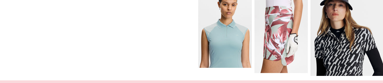3 models wearing J.Lindeberg ladies golf clothing from the SS26 collection including a duck egg blue cap sleeve polo, abstract print pastel colour skort and monochrome paintbrush effect short sleeve polo