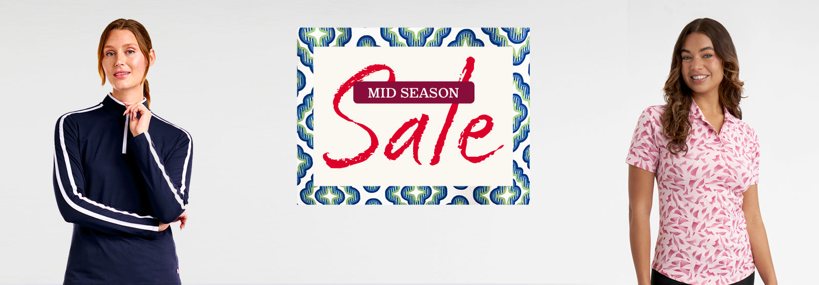 Mid Season Sale graphic with two models wearing Nivo and Green Lamb ladies golf wear