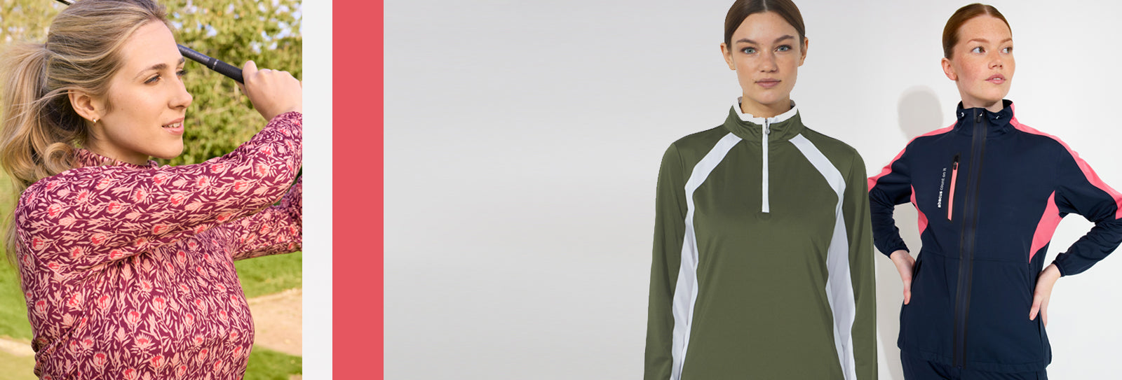 Woman swinging a golf club in Pure Golf ladies autumn print long sleeve zip neck top on the left, followed by two women in colour block Daily SPorts zip neck top in olive and Abacus golf navy and pink panelled waterproof jacket