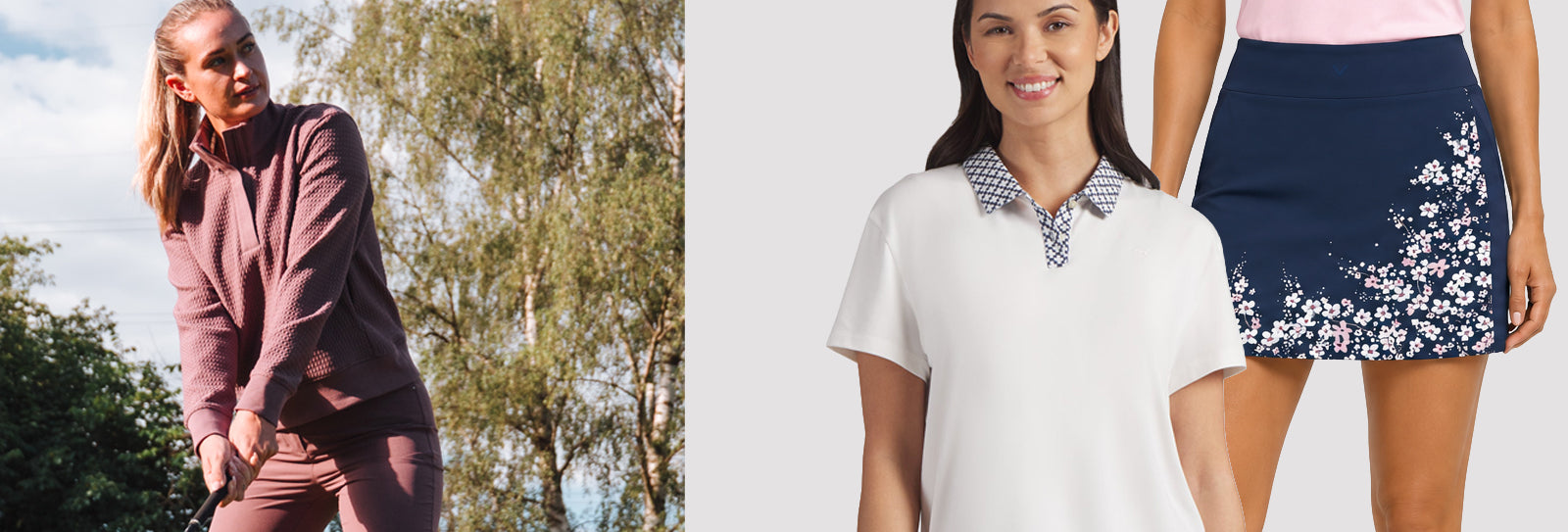 A split-screen collage of new ladies golf wear available at GolfGarb. The left side shows a female golfer lining up her shot wearing a Puma Golf warm cocoa long-sleeve waffle textured mid layer and warm cocoa trousers. To the right are two studio models wearing the Puma Golf check print collar white polo shirt and Callaway golf ladies navy skort with floral print detail.