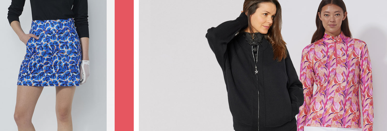 New designs available at GolfGarb from Daily Sports womens SS26 and Swing out Sister Golf, showing a blue retro flower print skort, black bomber jacket style cardigan and pink and orange abstract print quarter zip top.