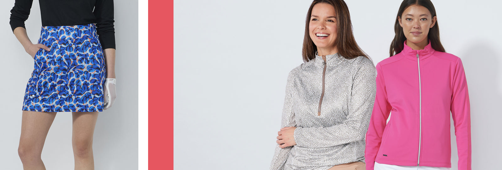 Cropped images of female models wearing Daily Sports retro floral print skort, Daily Sports Pink thermal jersey jacket and Swing Out Sister golf Snow leopard print quartoer zip neck top.