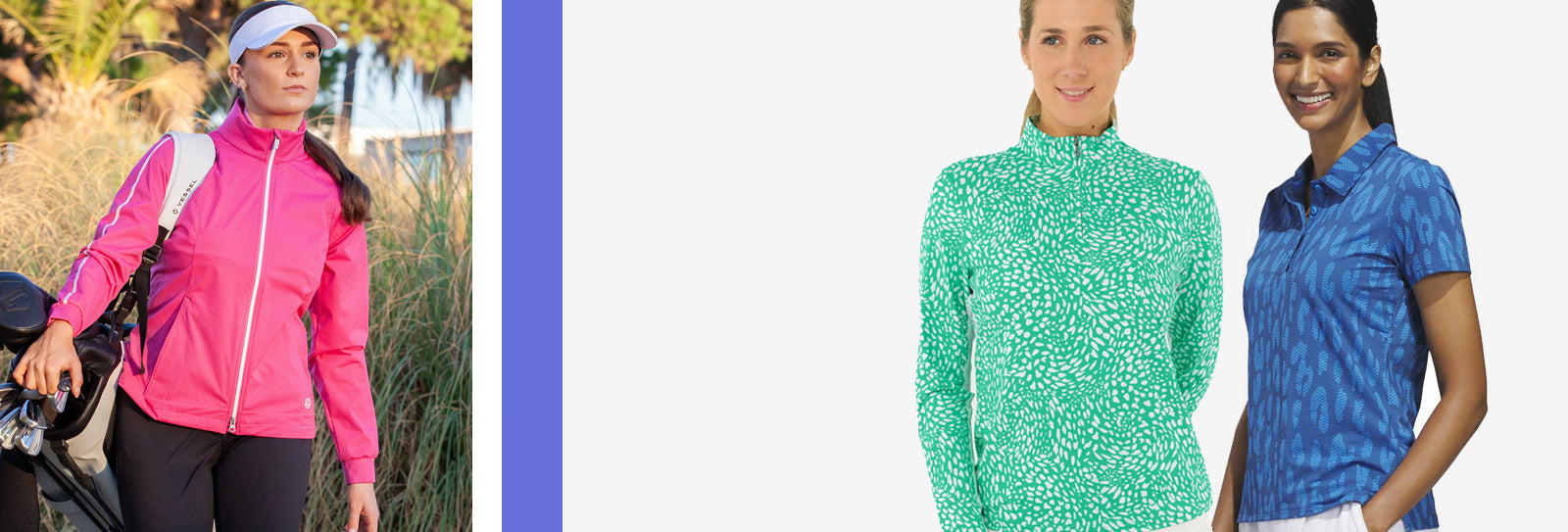 Cropped images of female models wearing Pure Golf aqua print long sleeve zip neck top, adidas blue contemporary animal print short sleeve polo shirt top and  a female golfer wearing a Galvin Green pink Interface jacket with her club bag over her shoulder.