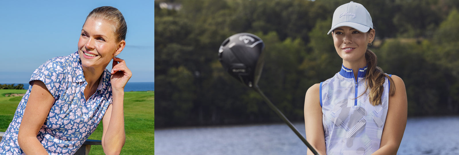 Composition of two images showing a female wearing the abacus floral print short sleeve polo from the 2026 collection in powder blue and soft pink, plus a female golfer holding a driver wearing the Callaway geo print sleeveless polo with ribbed blue collar.
