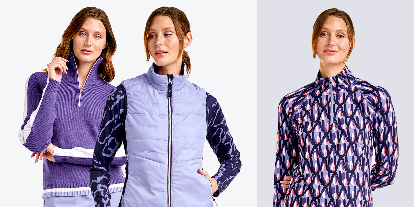Nivo Golf womens golf wear on models. autumn winter 2025 pansy garden gilet, plilac pansy garden print 1/4 zip top and knitted sweater in purple with white panels.
