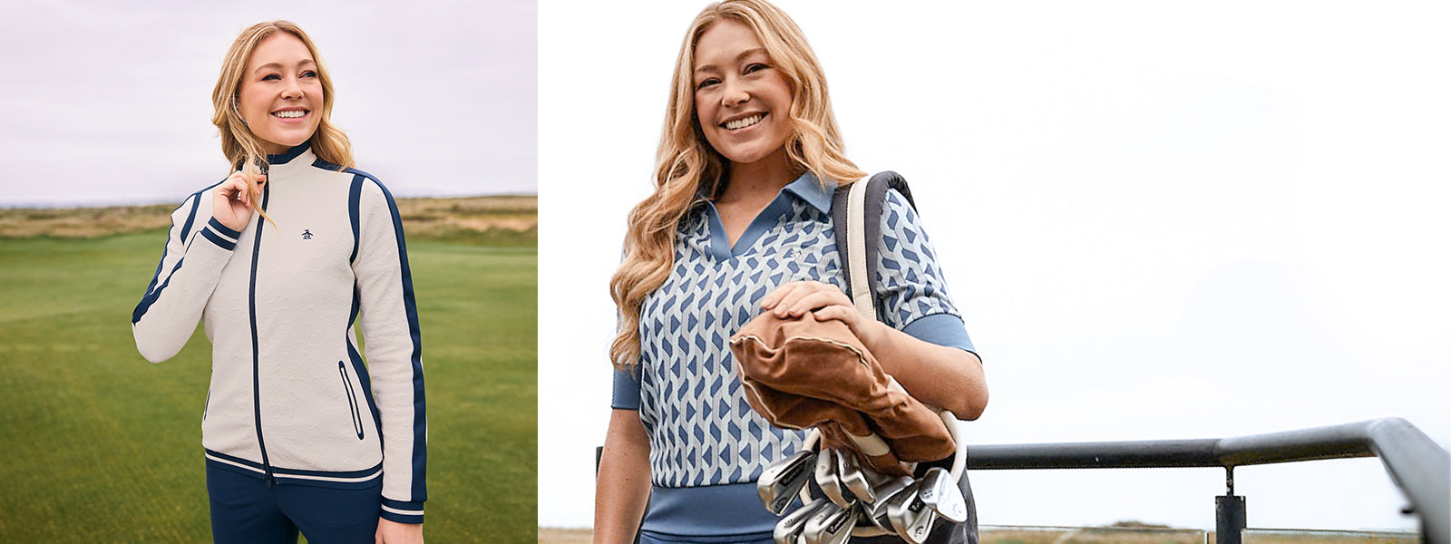 Two golfers at a golf course in Original Penguin autumn winter 2025 mid layers jacket and half sleeve polo.