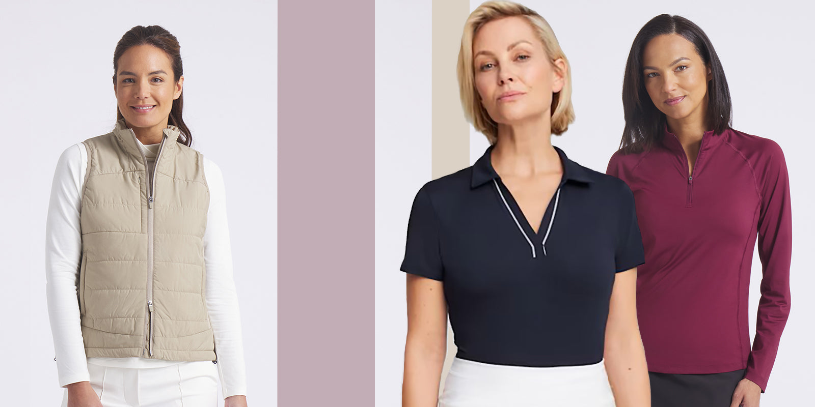 Three models wearing the Puma GOlf Iced Coffee gilet, navy short sleeve polo with contrast white piping and burgundy zip neck long sleeve top from the autumn winter 2025 collection at GolfGarb