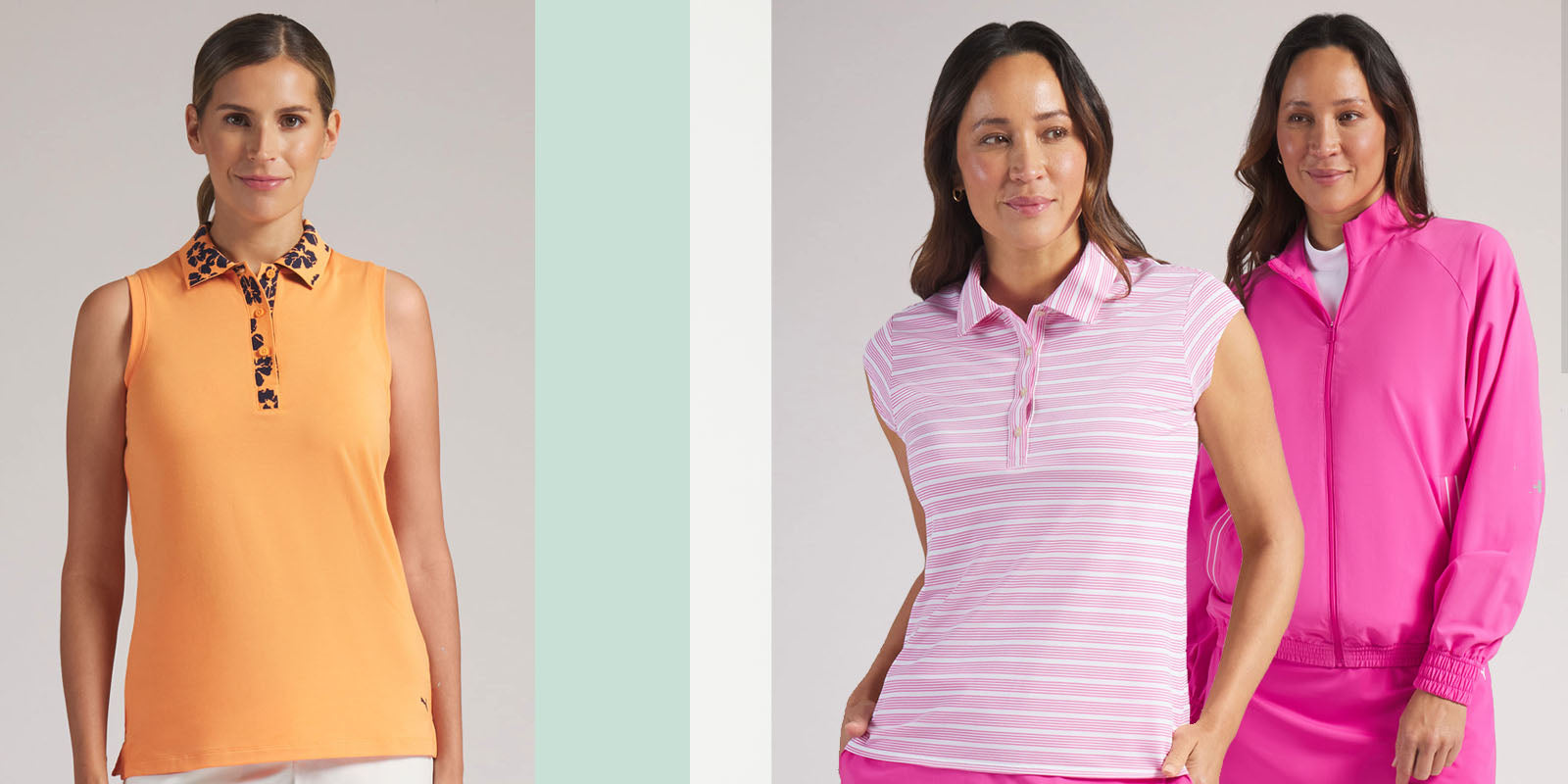 three models wearing Puma Golf women's 2026 collection including an orange sleeveless polo with black hibiscus print on the collar, pink and white striped cap sleeve polo and vibrant pink lightweight jacket with windproof finish.