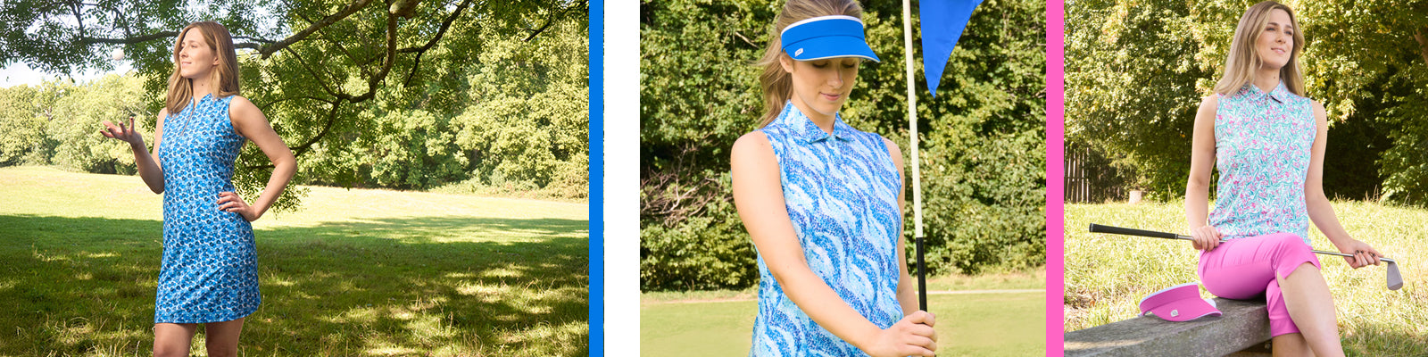 Montage of three female golfers wearing outfits from the Pure Golf high summer 2026 collection, in various locations on a golf course in the sun.
